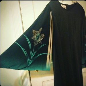 Vintage Floral Black Bell Sleeve Dress Green Tan